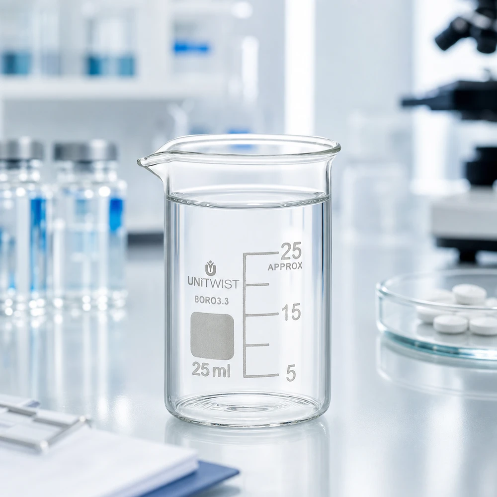 Laag becherglas van 25 ml, borosilicaat 3.3 van UNiTWIST, met een petrischaal en pillen op de achtergrond