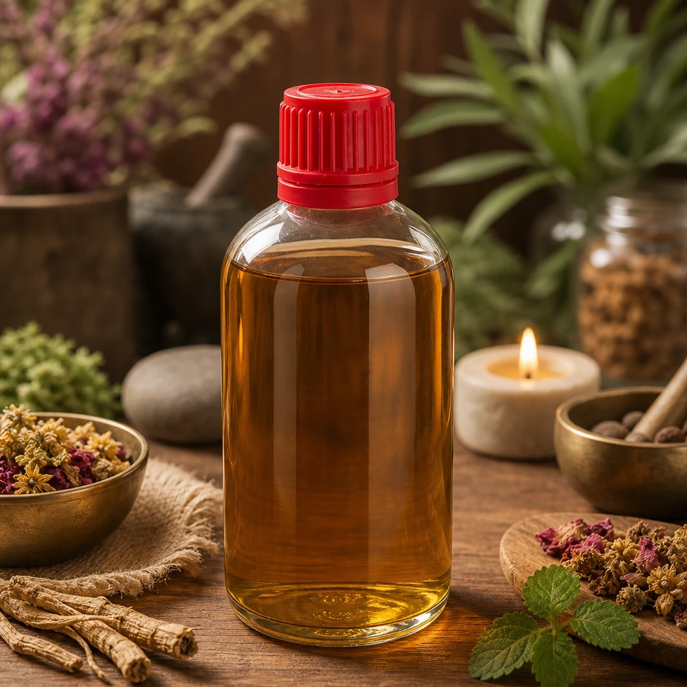 Kleine apothekersfles van 100 ml met rode veiligheidsdop voor etherische oliën en natuurgeneeskunde