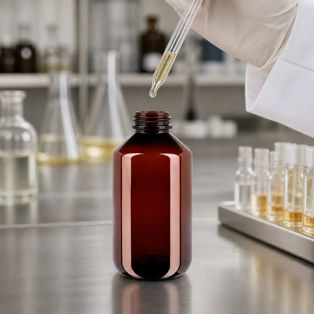 PET-fles 500ml met witte standaard OV Bruine PET-voorraadfles van 500 ml met witte etikettering voor etherische oliën en laboratoriumvloeistoffen