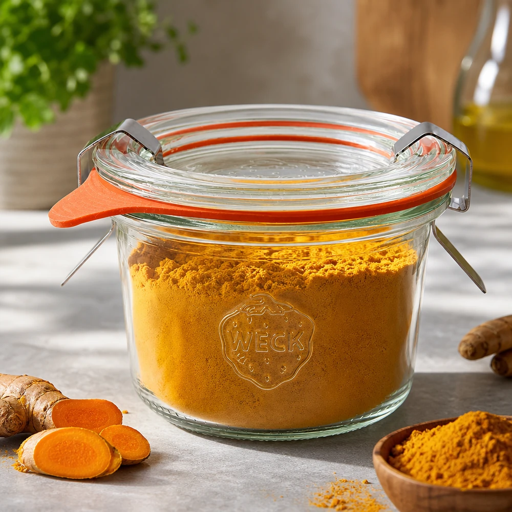 WECK tumblers 80ml RR60 gevuld met kurkumapoeder toont luchtdicht bewaren van specerijen en poeders