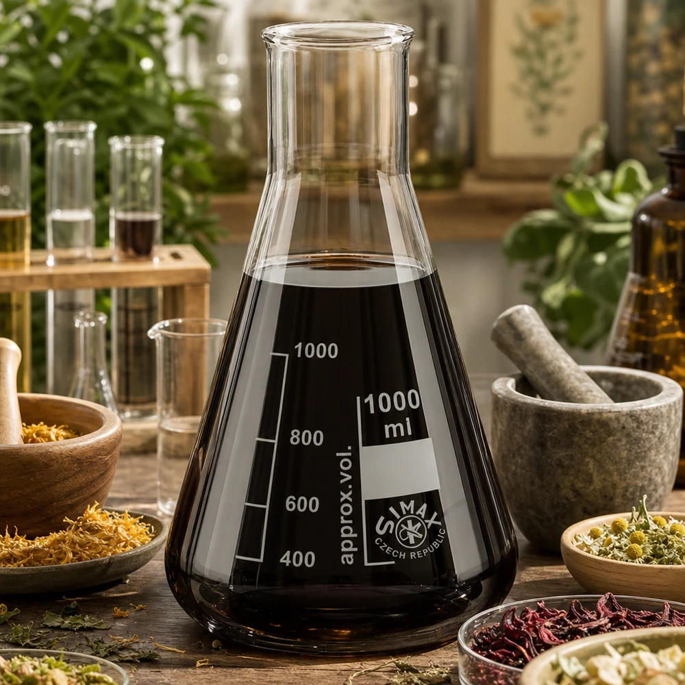 Erlenmeyer 1000ml van hoogwaardig laboratoriumglas met maataanduidingen in een natuurlijke werkomgeving