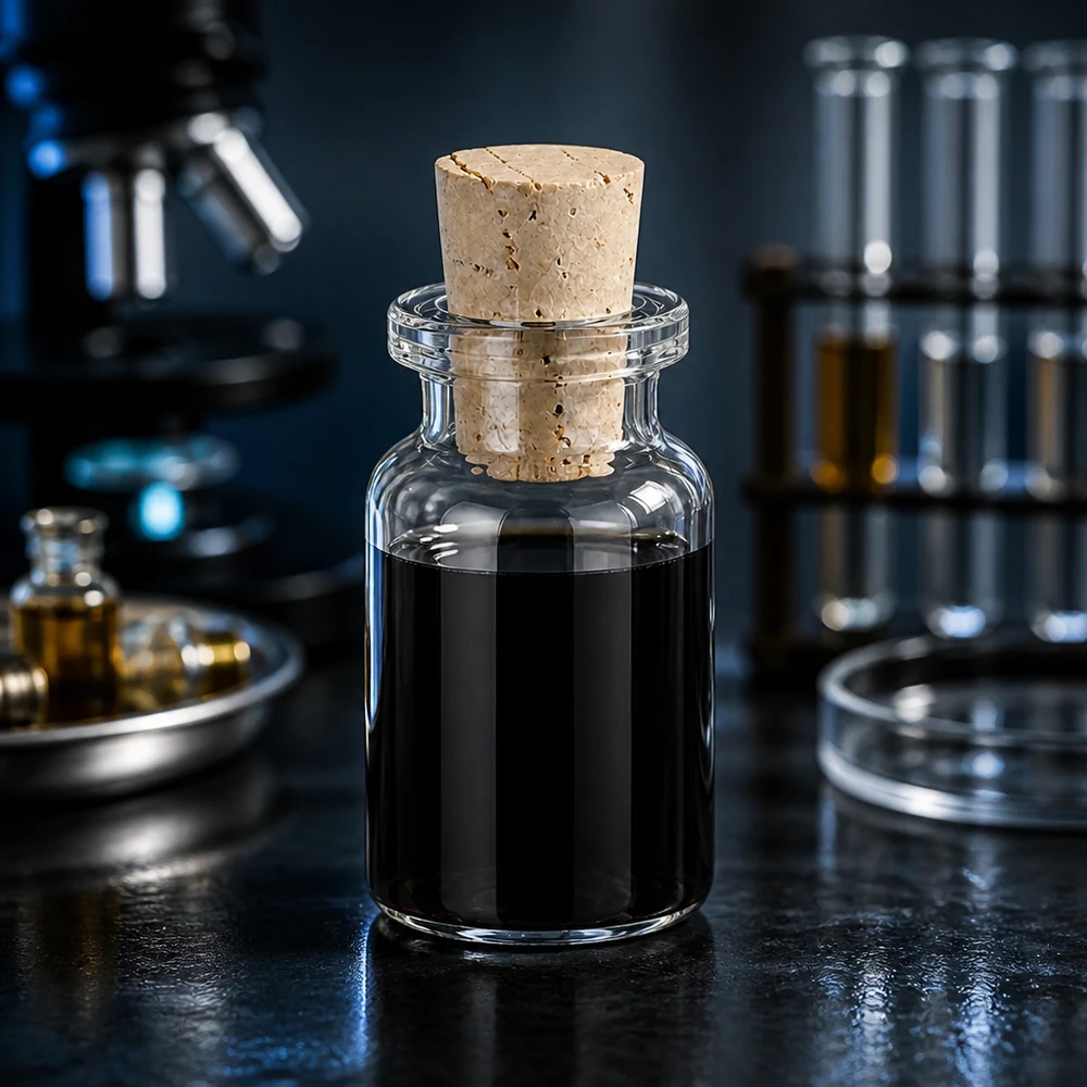 Injectiefles helder glas 10ml met kurk 11/14mm Versiegelte Klarglas-Flasche 10ml mit Korkstopfen 11/14mm neben Petrischale und Reagenzgläsern