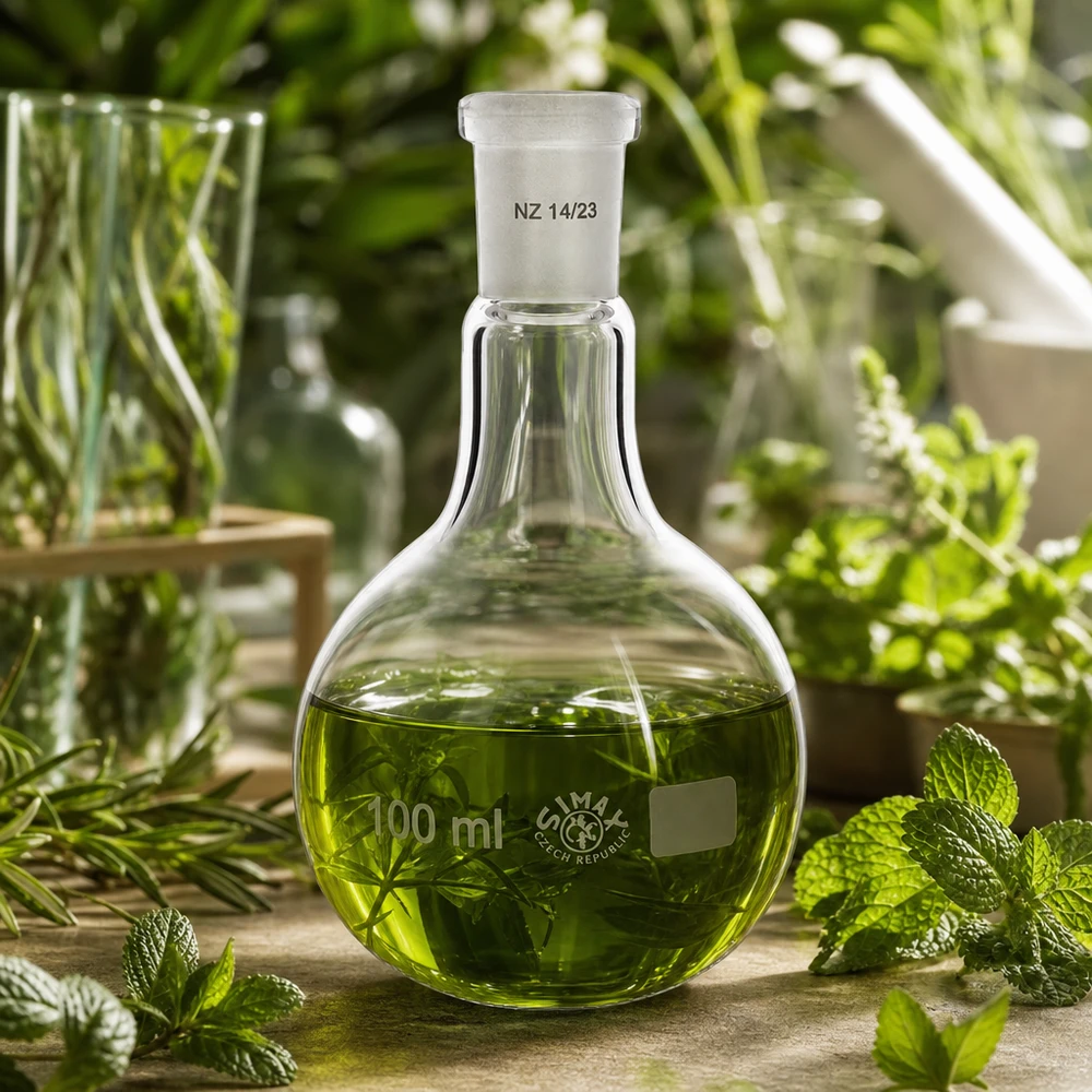Standaardkolf van geslepen glas met een inhoud van 100 ml met plantenextracten voor onderzoek naar natuurlijke producten