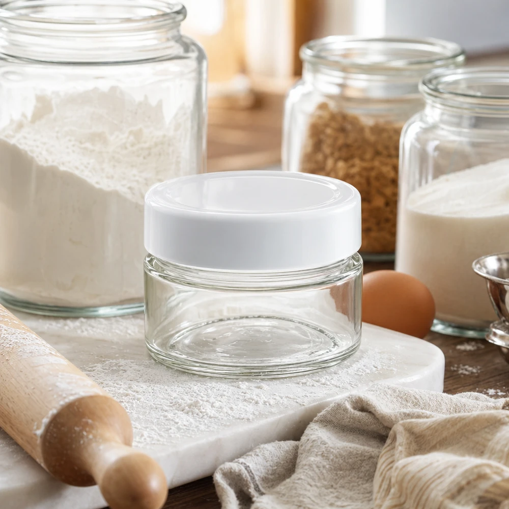 80 ml ronde pot met BasicSeal deksel in keuken met bakingrediënten - veelzijdige glazen pot voor voedsel
