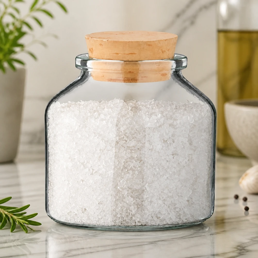 Idee voor een glazen kruidenpotje: Rond 100 ml helder incl. kurk 22/26 Bolvormig rond glas 100 ml, helder, met natuurlijke kurk, gevuld met wit zeezout, keukendecoratie