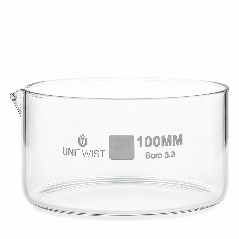 Doorzichtige kristallisatieschaal van borosilicaat, ø 100 mm, met schenktuit voor chemische toepassingen