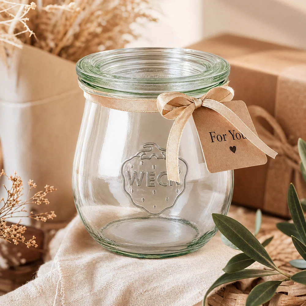 WECK tulp pot 220ml RR60 als een geschenk versierd met een beige strik en For You tag in een natuurlijke sfeer