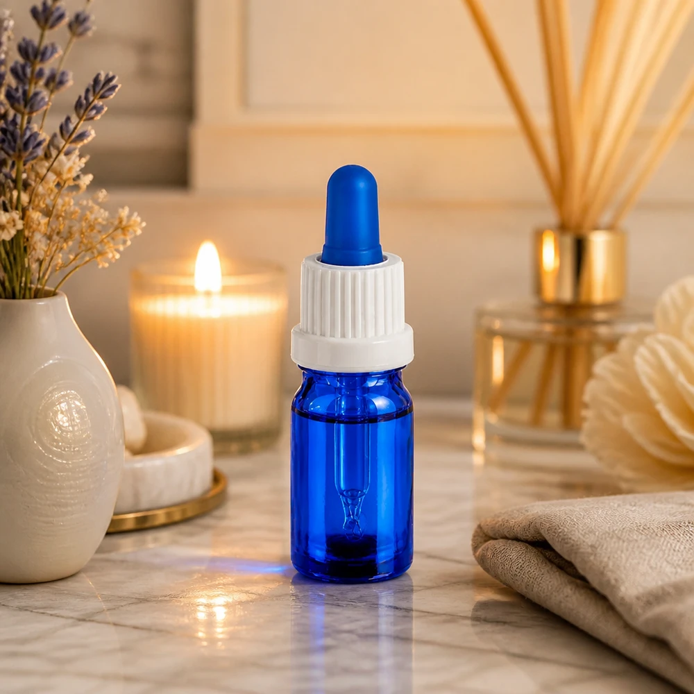 5ml pipetfles wit/blauw OV BlueLine UT18/5 Premium druppelflesje van 5 ml in blauw met witte rubberen pipet voor nauwkeurige vloeistofdosering