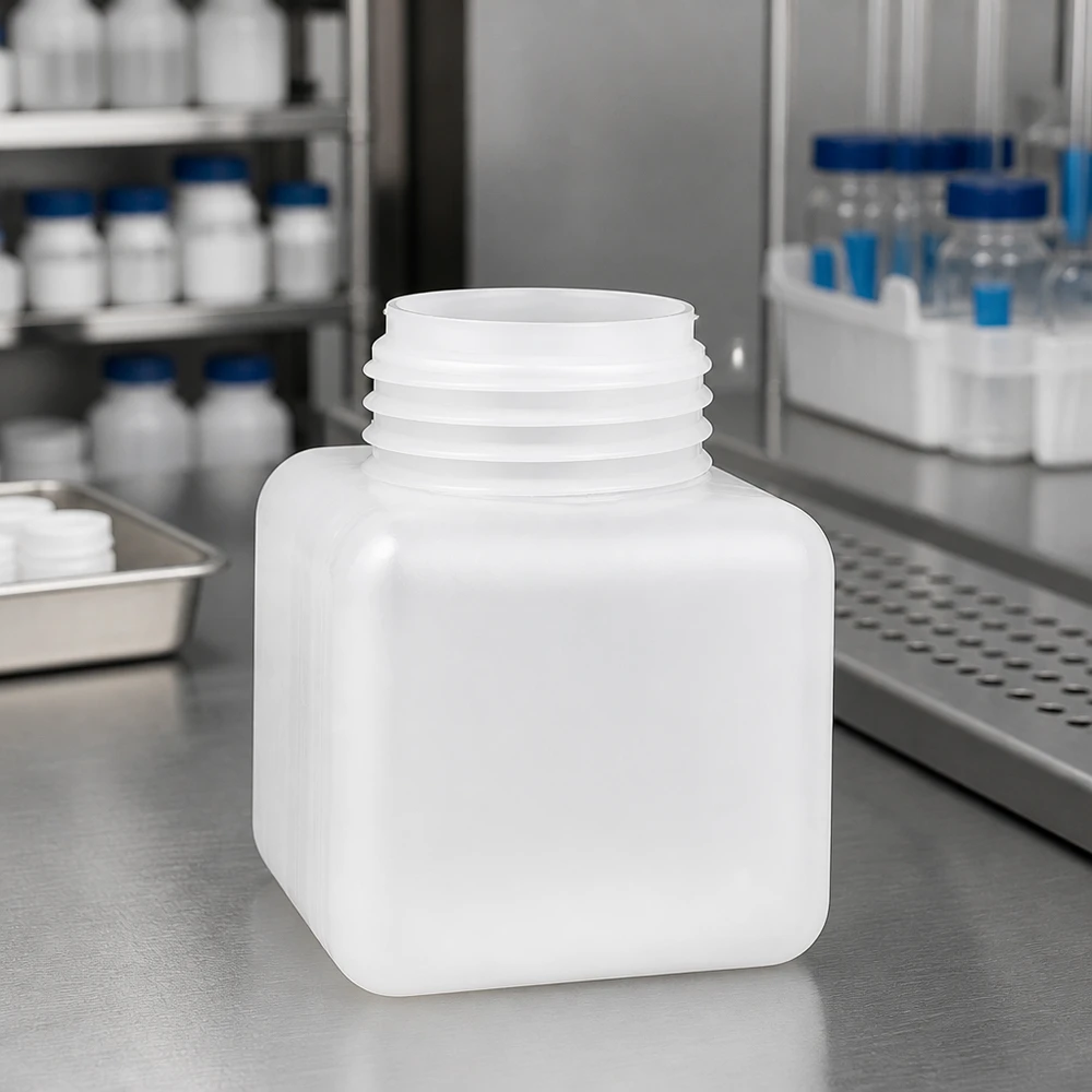 Voedselveilige PE-HD-fles met brede hals, 500 ml, naturel, voor veilige opslag van poeders en vloeistoffen