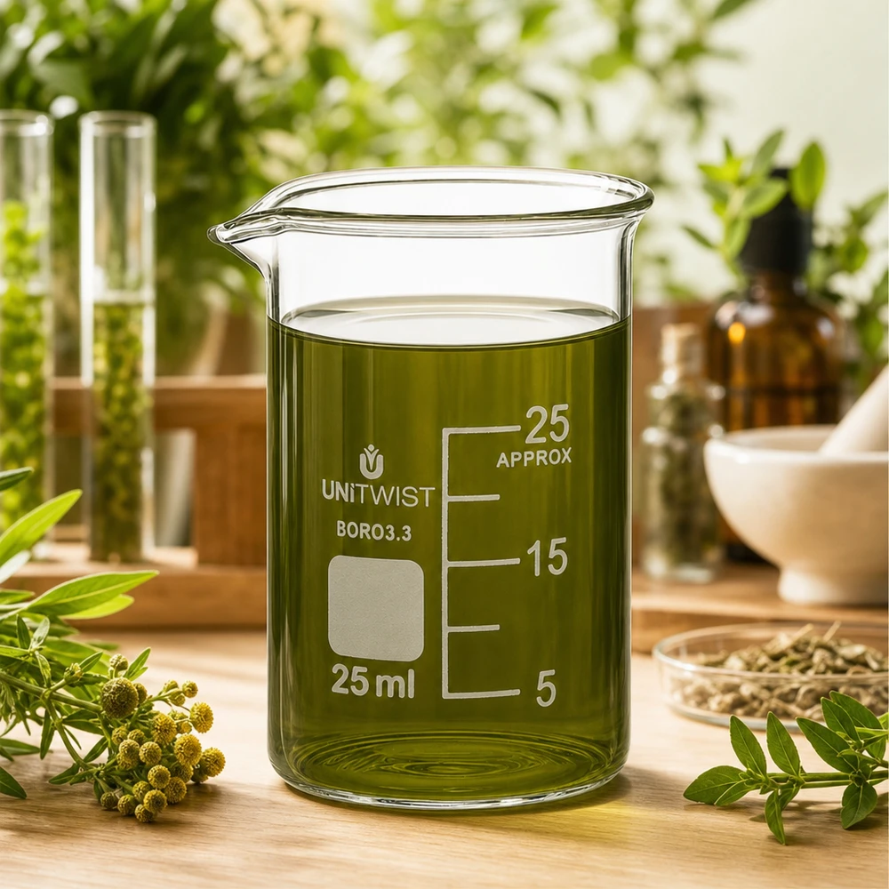 Doorzichtig bekerglas van 25 ml, borosilicaatglas, met groen plantenextract voor botanische laboratoriumtoepassingen