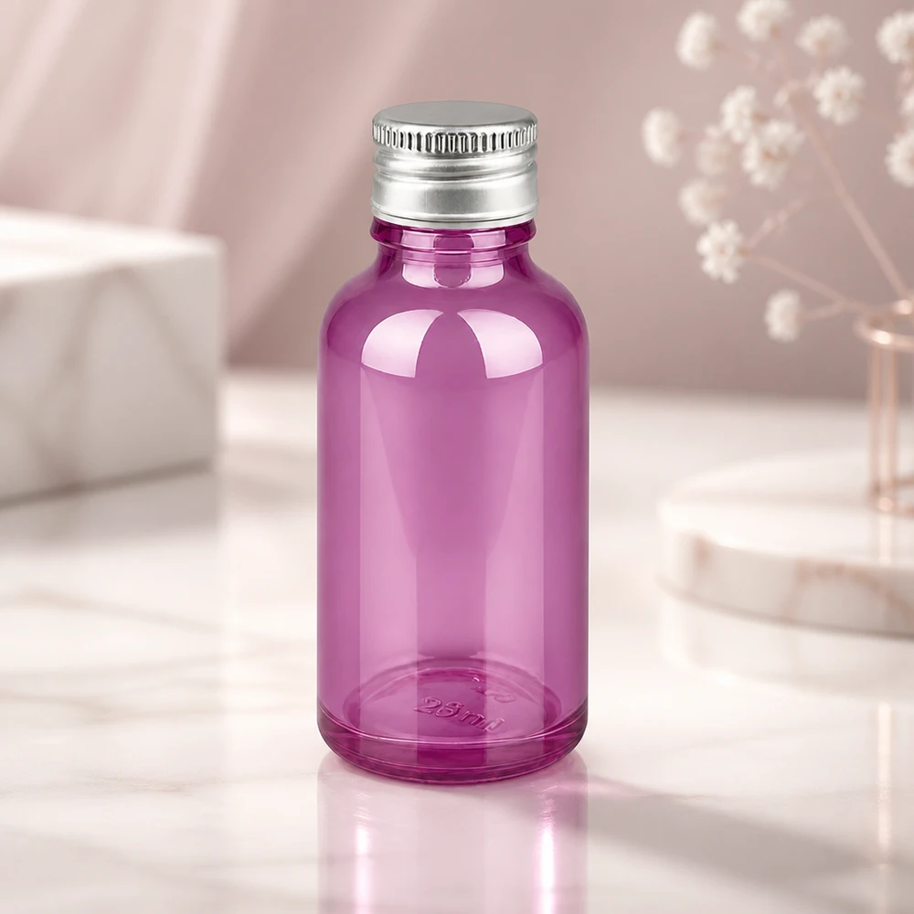 30ml fles 11mm aluminium-zilver schroefdop standaard PurpleLine.UT18/30 Elegant paars glazen flesje van 30 ml voor hoogwaardige huidverzorgings- en parfumoliën