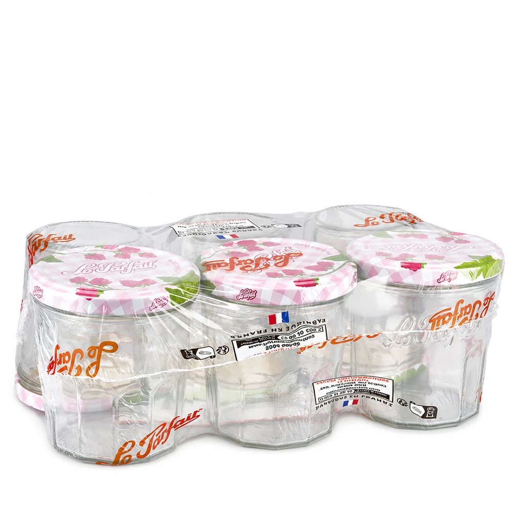 Le Parfait bekers van 324 ml in een verpakking van 6 met schroefdeksel, verpakt in folie voor jam en conserven