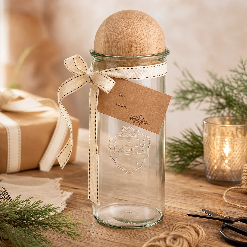 WECK 1500ml RR100 bekers als geschenkverpakking versierd met beukenhouten bol, cadeaulint en label