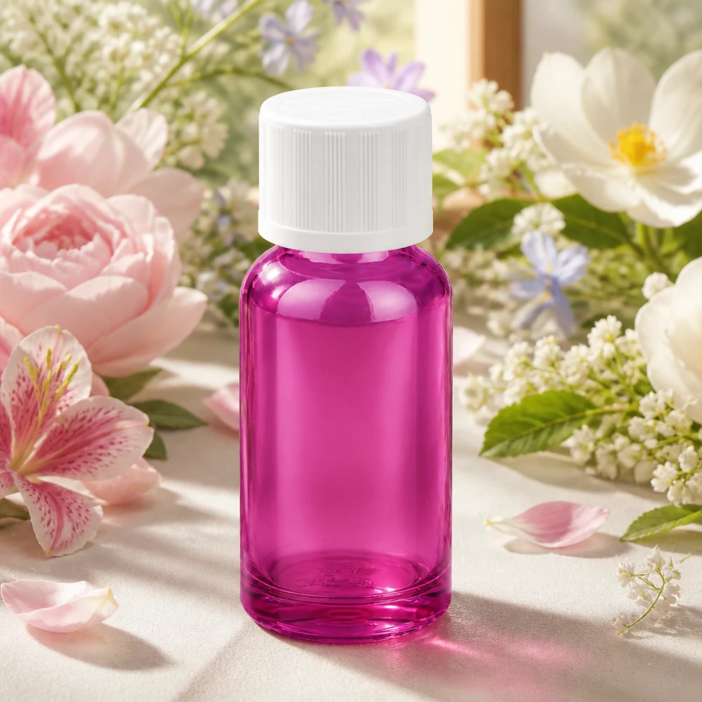 Violette glazen fles van 20 ml met witte plastic dop, ideaal voor op reis en onderweg