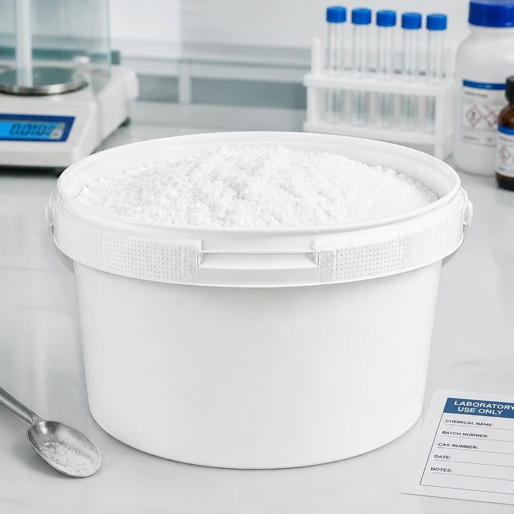 3,5 liter witte emmer zonder deksel Stevige kunststof emmer van 3,5 l met wit poeder in een professionele laboratoriumomgeving