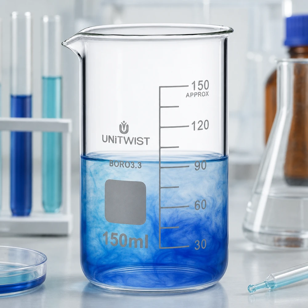 Doorzichtig maatbekerglas 150 ml, hoog model, UNITWIST, borosilicaatglas met blauwe kleurstof die diffundeert