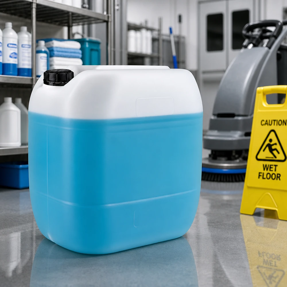 Stapelbare platte jerrycan van 30 liter met originele sluiting voor professionele reinigingsmiddelen
