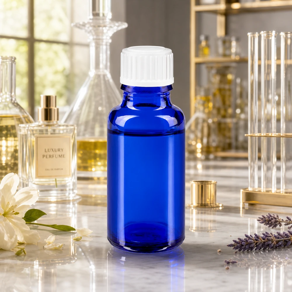 Kleine blauwe medicijnfles van 20 ml met kindveilige witte dop op een marmeren ondergrond