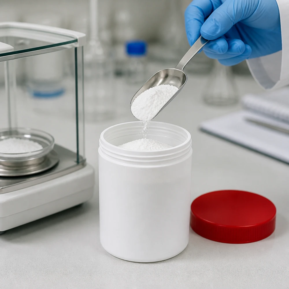 Zalfpot 250 g wit met rood schroefdeksel (PP) Farmaceutische verpakkingspot van 250 g, wit met rode deksel van PP, geschikt voor zalven en poeder