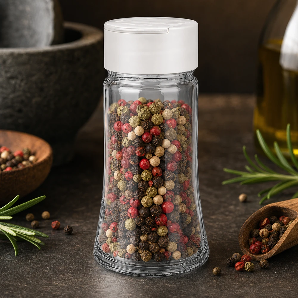 Zout-/kruidenpotje 95 ml met dubbele strooier, wit Kleurrijke peperkorrelmix in een doorzichtige kruidenpot van 95 ml met een wit deksel met dubbele strooier
