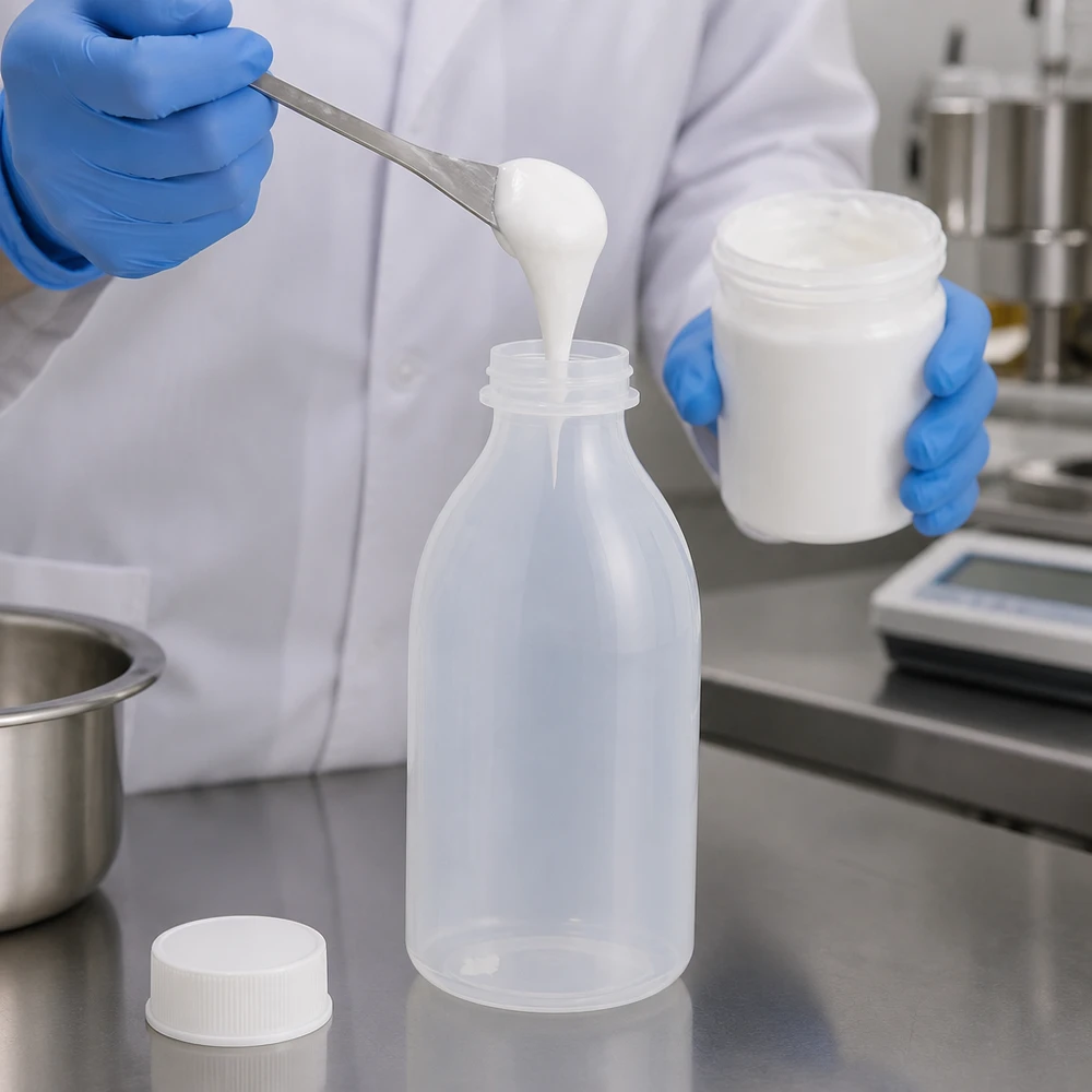 Nauwe hals laboratoriumfles 250ml met schroefsluiting Een laboratoriummedewerker met blauwe handschoenen vult zalf in een doorzichtige schroeffles met smalle hals van 250 ml