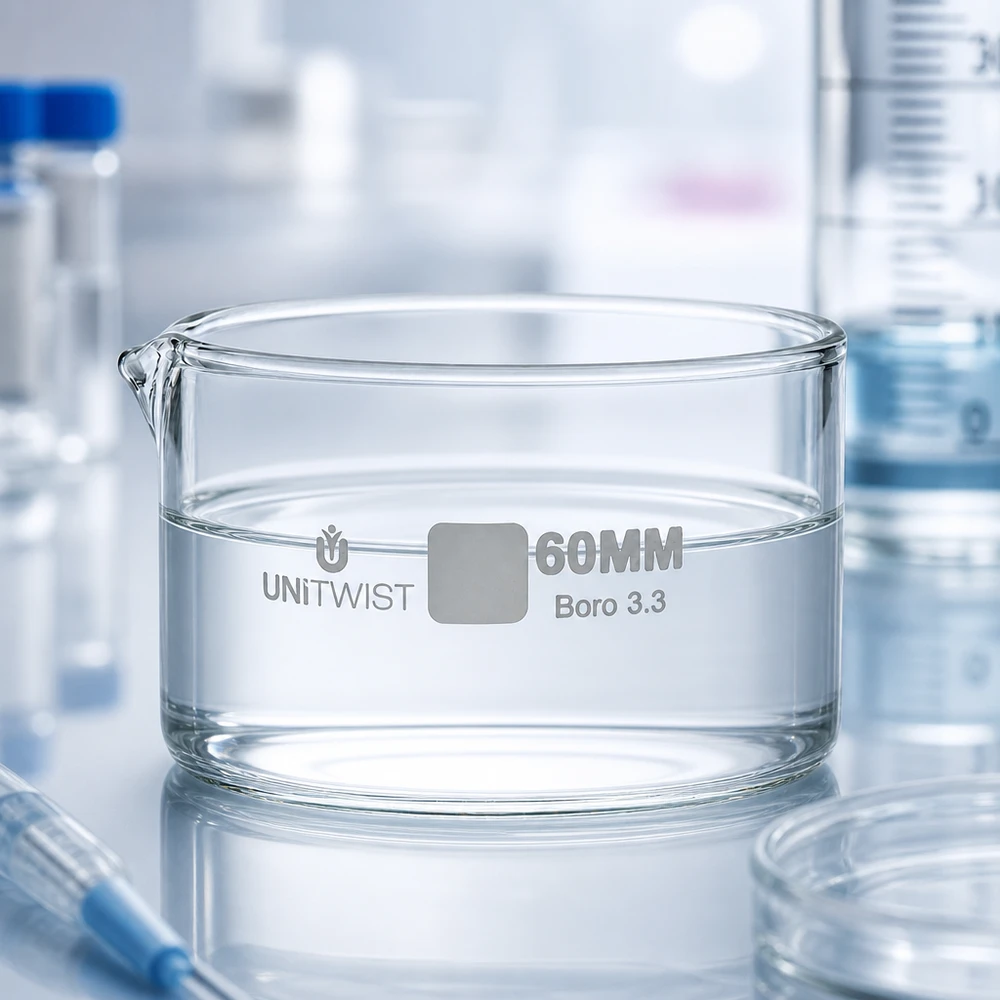 Doorzichtige kristallisatieschaal van 60 mm, gemaakt van hittebestendig Boro 3.3-glas voor laboratoriumtoepassingen