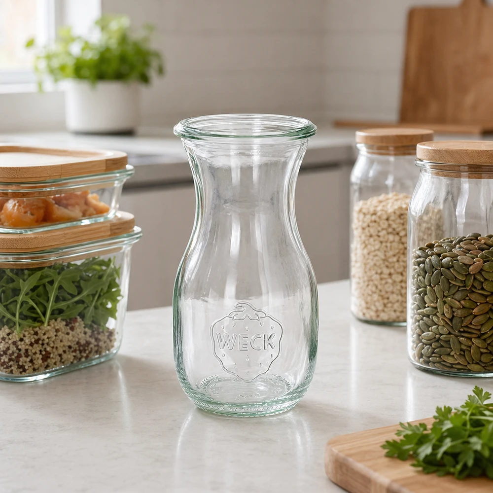 WECK sapfles 290ml RR60 leeg in moderne keuken met voorraadpotten en duurzame opslag