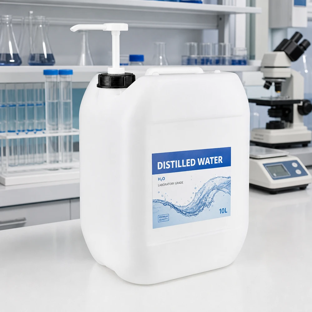 Rechthoekige jerrycan van 10 liter met pomp naast een microscoop in het laboratorium, bestemd voor toepassingen met zuiver water