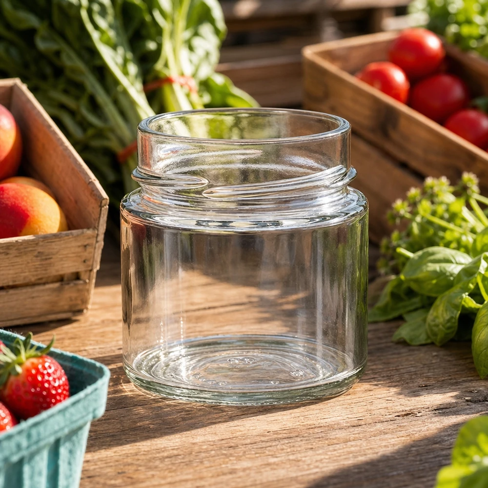 UNiTWIST Runda135 ronde pot 135ml TO58deep inmaakpot op houten tafel met vers fruit en groenten