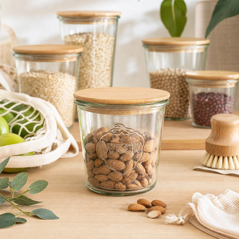 580ml stortglas WECK RR100 met hout deksel WECK 580 ml metselpot met houten deksel als voorraadpot voor noten in duurzame keukenorganisatie