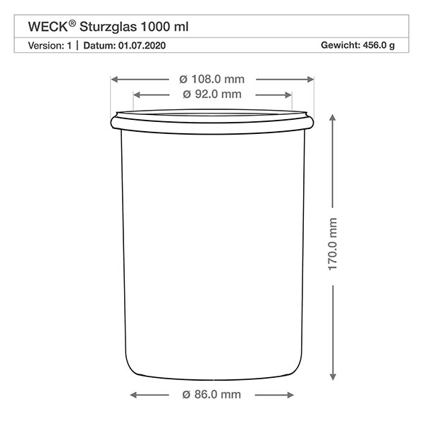 1000ml stortglas met vershouddeksel WECK RR100 Technische tekening WECK beker 1000ml RR100 met afmetingen, diameter 108mm, hoogte 170mm, gewicht 456g
