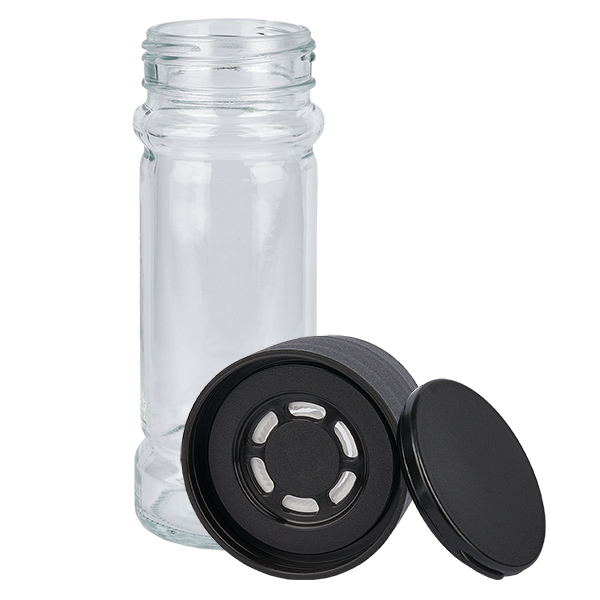 Kruidenpotje van helder glas, 100 ml, met molen, zwart keramiek Kruidenpotje van helder glas, 100 ml, met molen, zwart keramiek