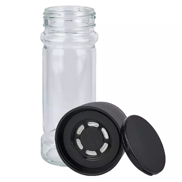 Kruidenpotje van helder glas, 100 ml, met molen, zwart keramiek