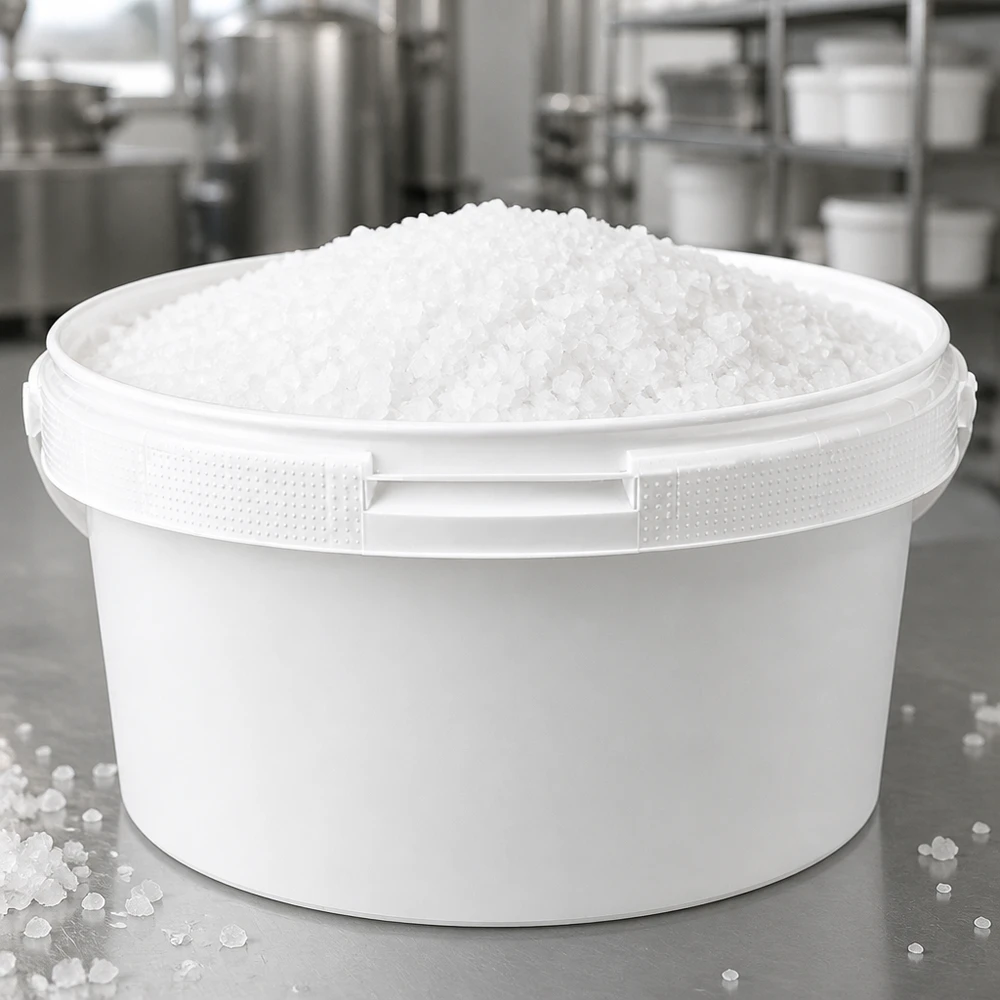 Voedselveilige witte emmer van 3,5 l van PP, gevuld met zout, vervaardigd volgens professionele productienormen