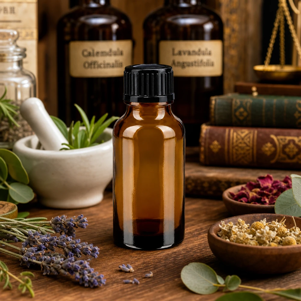 Apothekersflesje van 20 ml van bruin glas met een kindveilige zwarte dop, in een natuurgeneeskundige sfeer