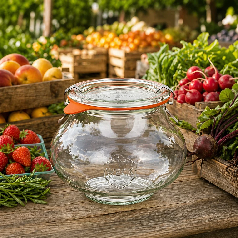 WECK juwelenpot 560ml RR80 op houten tafel tussen vers fruit en groenten, natuurlijk markttafereel met inmaakpot