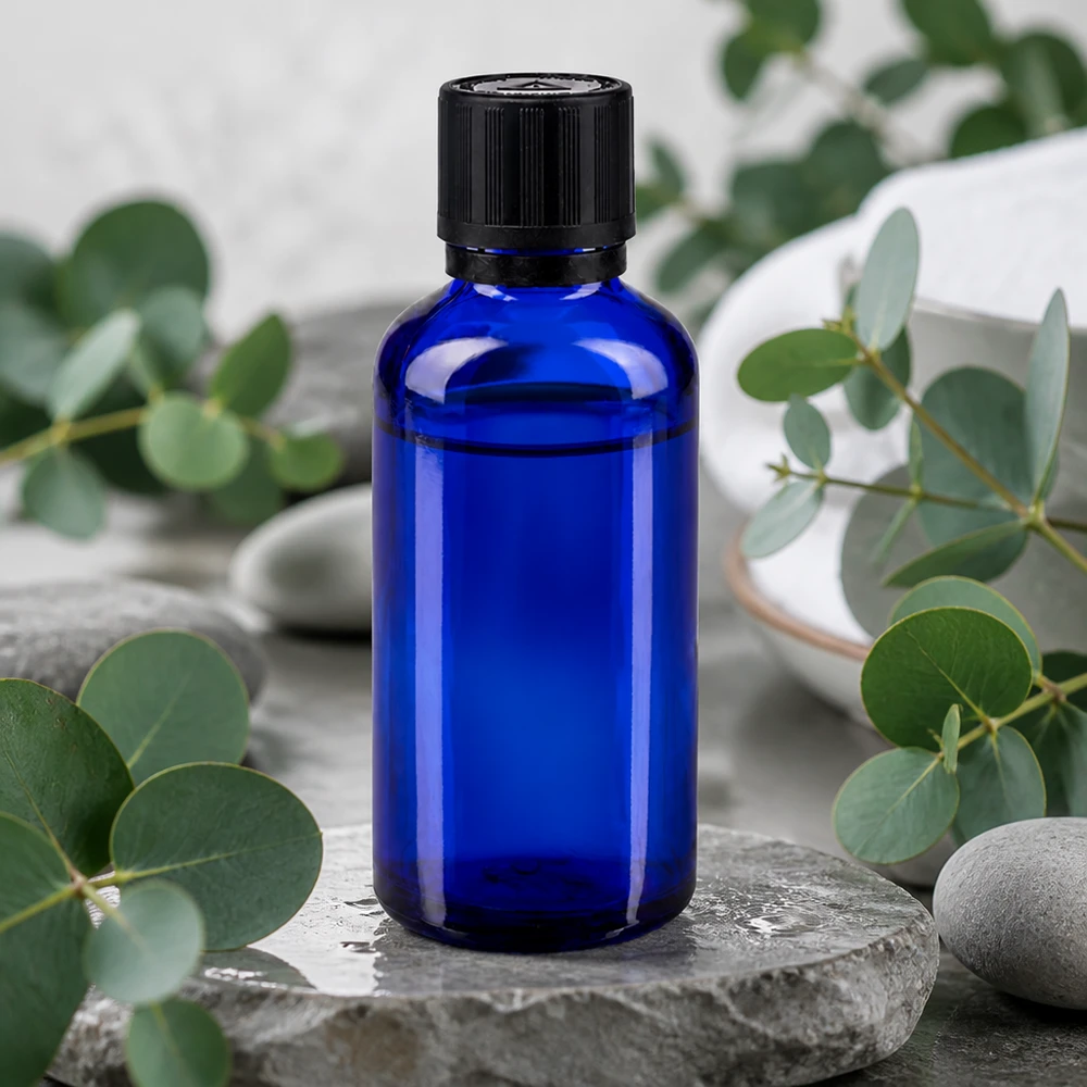 Flesje van 50 ml voor etherische olie, gemaakt van blauw apothekersglas, met verzegelde dop en druppelaar