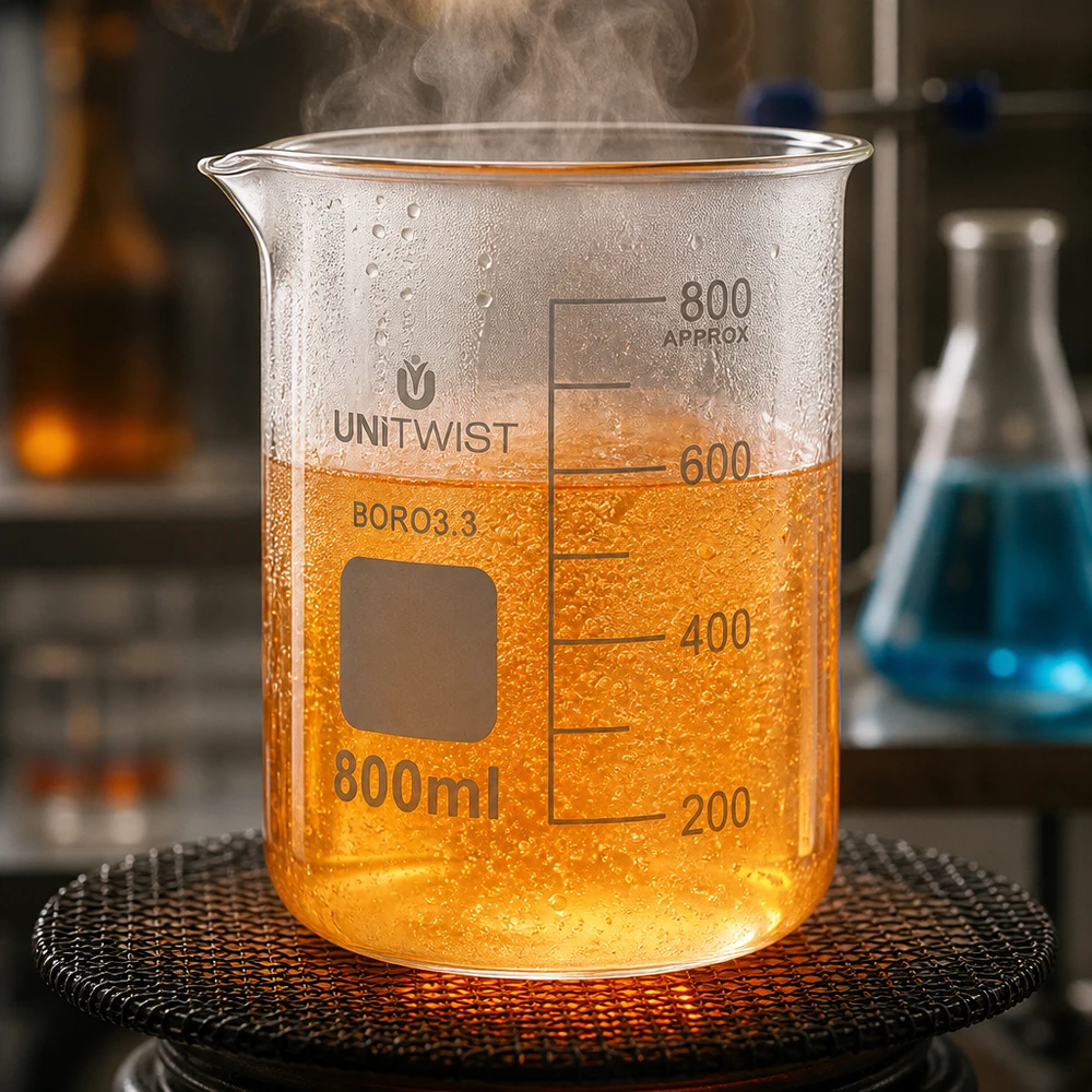Beker 800ml borosilicaat, lage vorm UNiTWIST Robuust bekerglas van 800 ml, gemaakt van borosilicaatglas 3.3, tijdens het verwarmen in een professioneel laboratorium