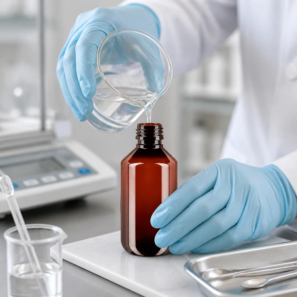 PET fles 200ml PP28 zonder dop Een chemiebestendige bruine PET-fles van 200 ml wordt gevuld met een transparante vloeistof