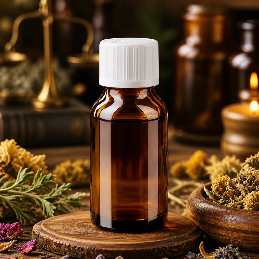 Bruine glazen fles 15ml met wit schroefsluiting kinderslot St Farmaceutische bruine glazen fles van 15 ml met witte KiSi-dop op een houten ondergrond