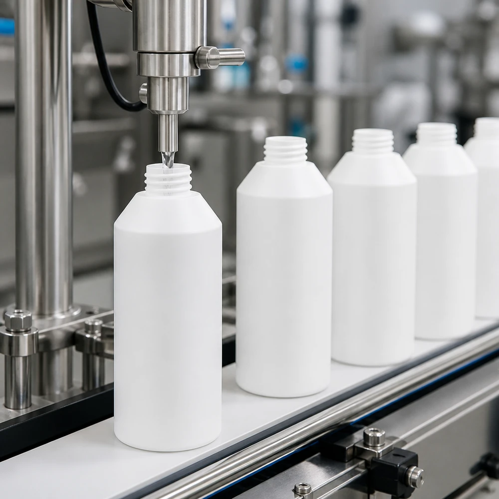 PET cilinderfles 250ml wit, S20x3, zonder sluiting Witte apotheekflessen van 250 ml HDPE in grote hoeveelheden op een geautomatiseerde transportband
