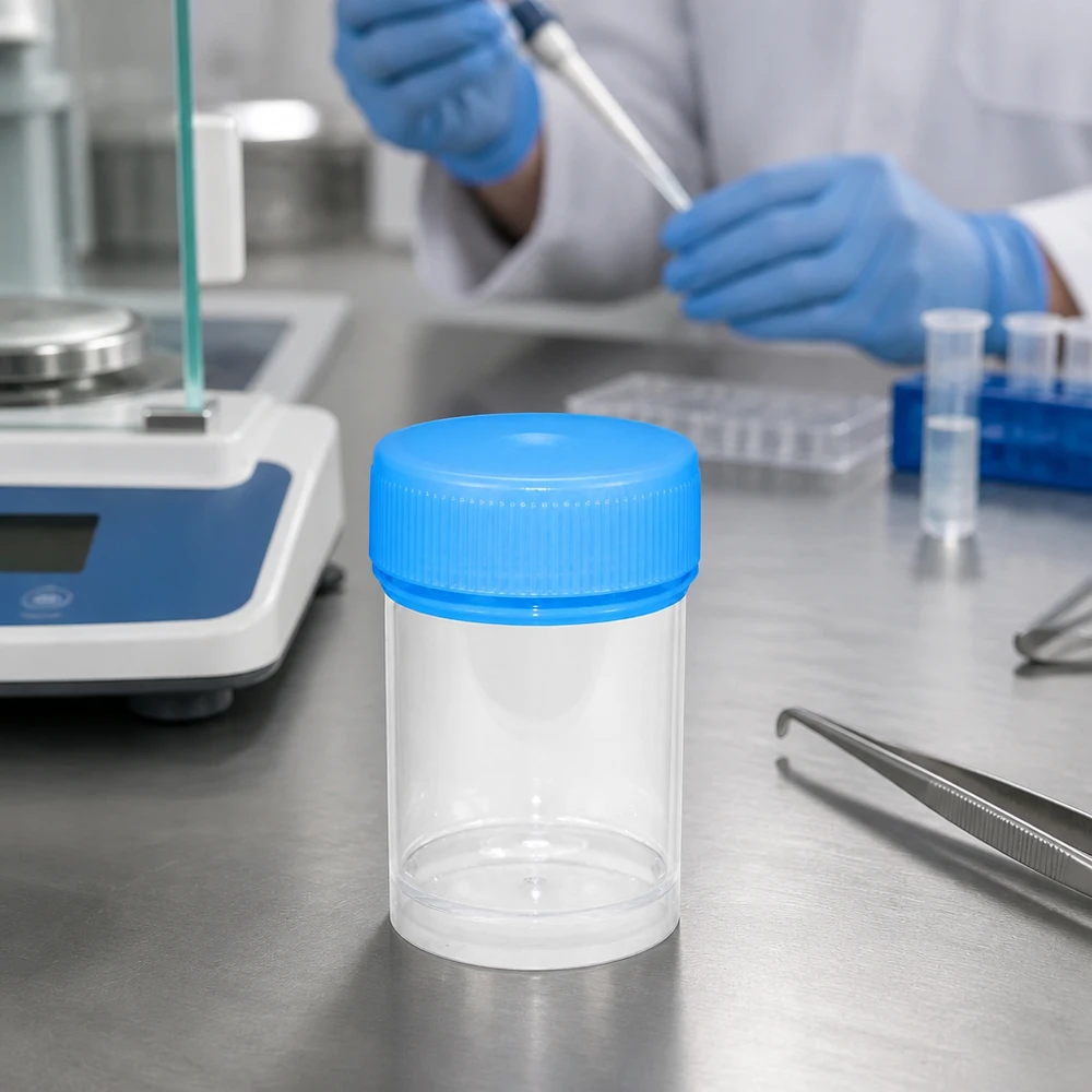 Universele kunststof pot (pathologie pot) 20ml Steriel verpakte kunststof bus van 20 ml met geribbelde schroefdop voor medische toepassingen