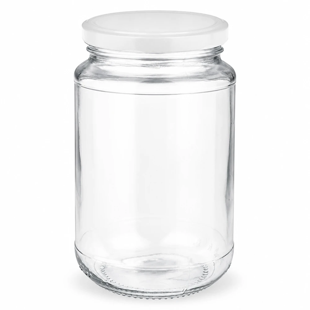 Rond glas van 320 ml + BasicSeal wit UNiTWIST UNiTWIST 320 ml rond glas, helder glas met witte BasicSeal-draaidop, zijaanzicht