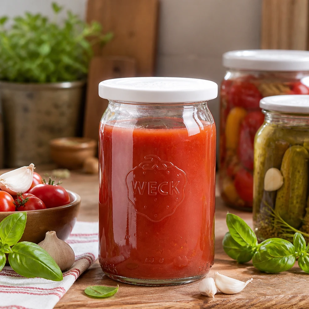 WECK RR40 inmaakpot 145ml gevuld met rode tomatensaus in rustieke keuken met verse kruiden en groenten