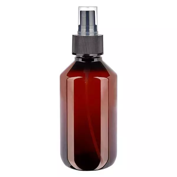 200 ml PET medicijnfles met verstuiver zwart GCMI 28/410 incl. dop transparant, standaard 200 ml PET medicijnfles met verstuiver zwart GCMI 28/410 incl. dop transparant, standaard