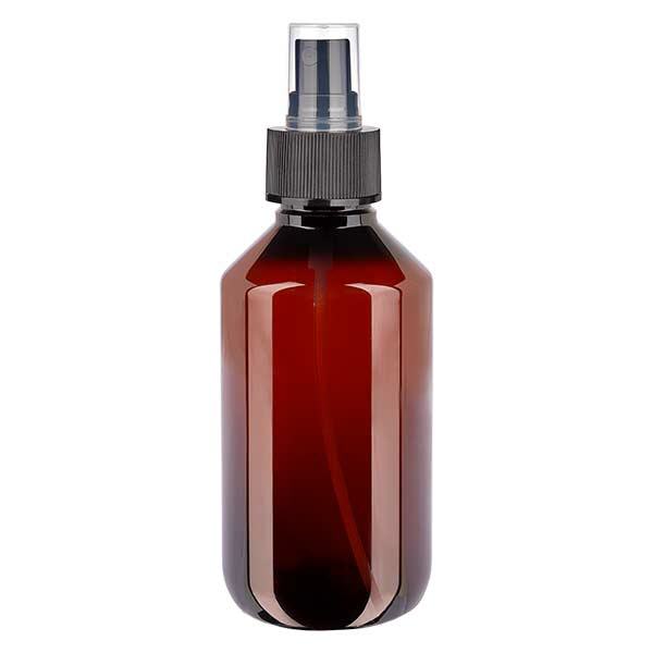 200 ml PET medicijnfles met verstuiver zwart GCMI 28/410 incl. dop transparant, standaard 200 ml PET medicijnfles met verstuiver zwart GCMI 28/410 incl. dop transparant, standaard