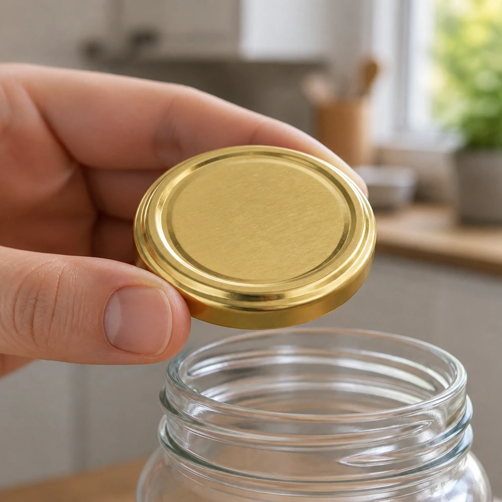 70mm BasicSeal deksel goud (TO70) UNiTWIST Close-up van een glanzend gouden TO70 BasicSeal ronde deksel van 70 mm van UNiTWIST