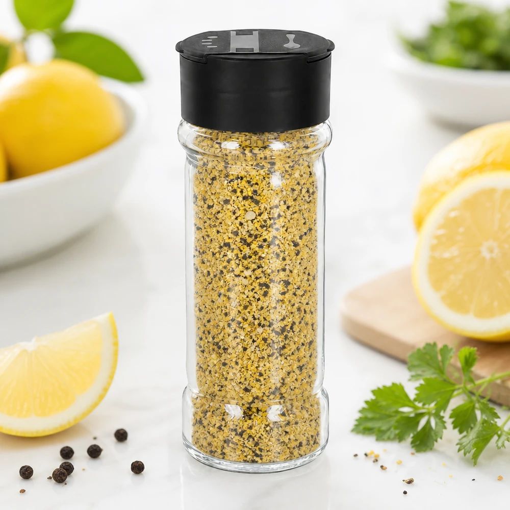 Zout-/kruidenpotje 100 ml met dubbele strooier, zwart Kleine glazen strooifles van 100 ml met een zwarte kunststof dop voor tafelkruiden