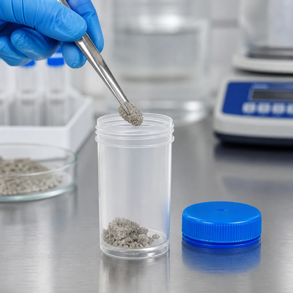 Pathogeenvat van 50 ml bij het vullen met gegranuleerde vaste stoffen met behulp van een steriele pincet