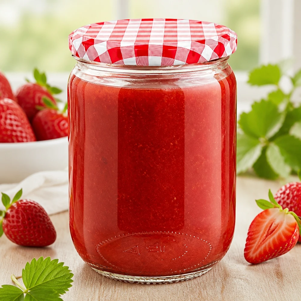 Hausgemachte Erdbeerkonfitüre in transparentem 555ml Rundglas mit dekorativem BasicSeal Deckel